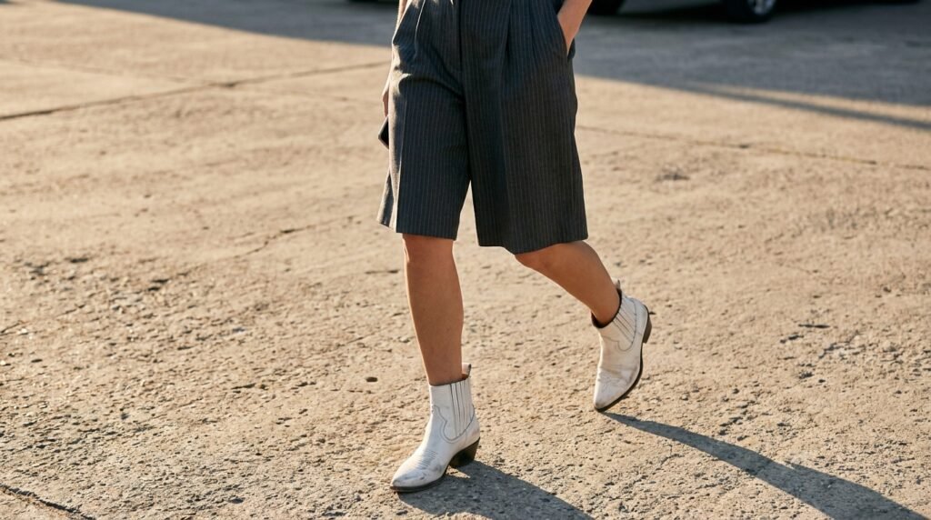 Tailored pinstripe shorts worn with white leather western ankle booties.