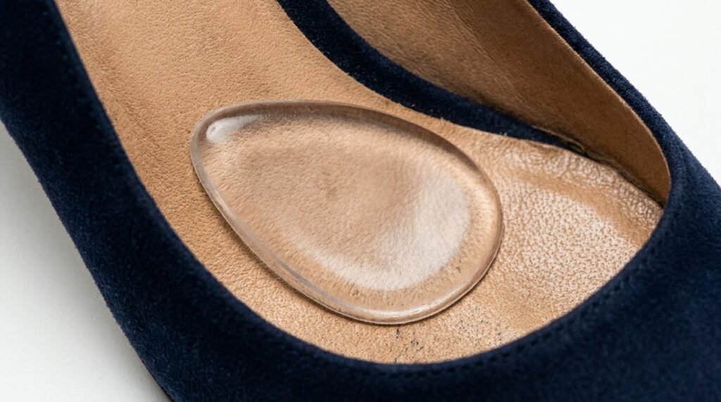 Clear silicone metatarsal pad positioned inside a suede high heel pump.