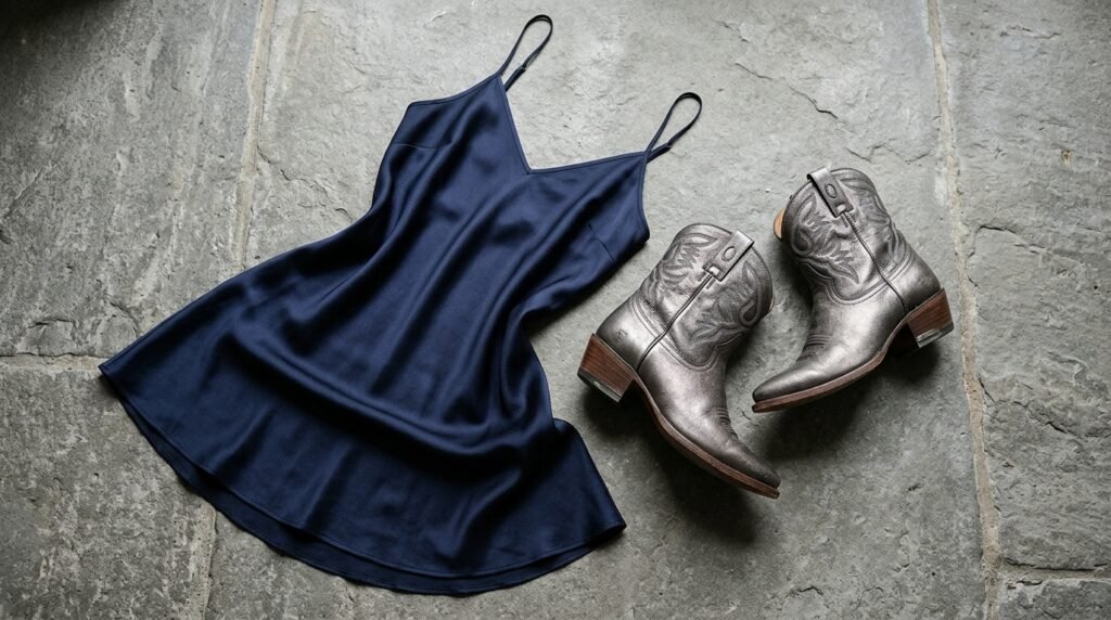 Navy silk slip dress paired with metallic pewter cowboy boots.