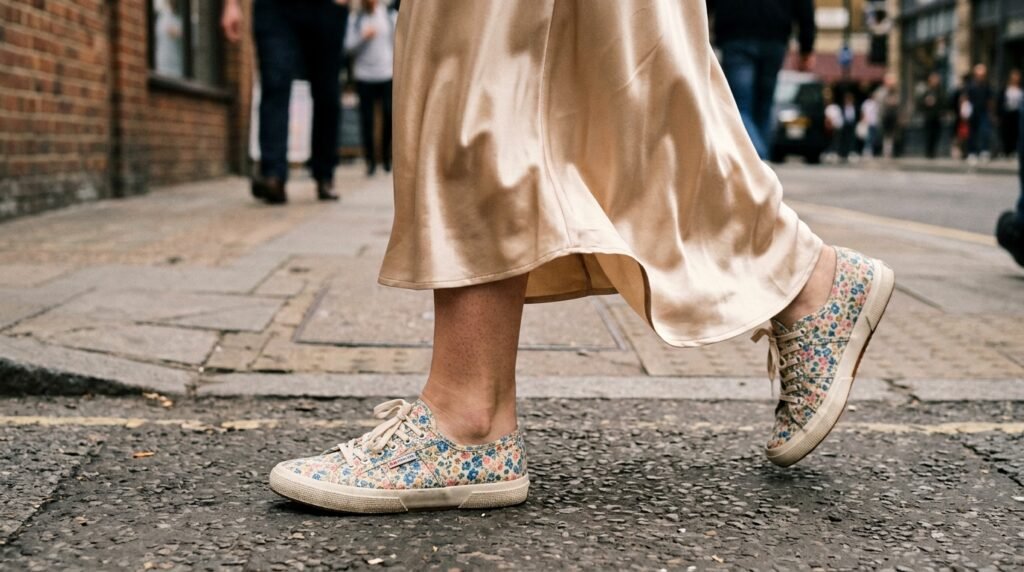 Champagne satin slip skirt paired with low-profile floral sneakers.