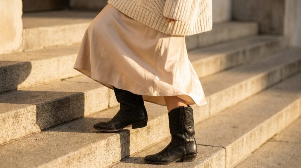 Champagne satin slip skirt styled with black leather cowboy boots.
