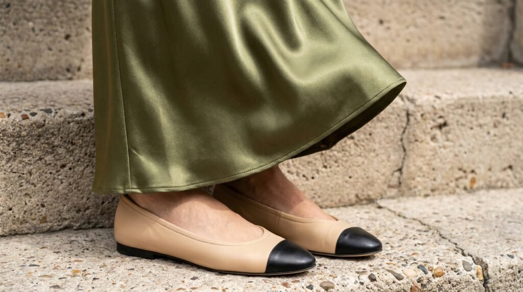 Detail of olive satin slip skirt and beige cap-toe ballet flats on stone steps.