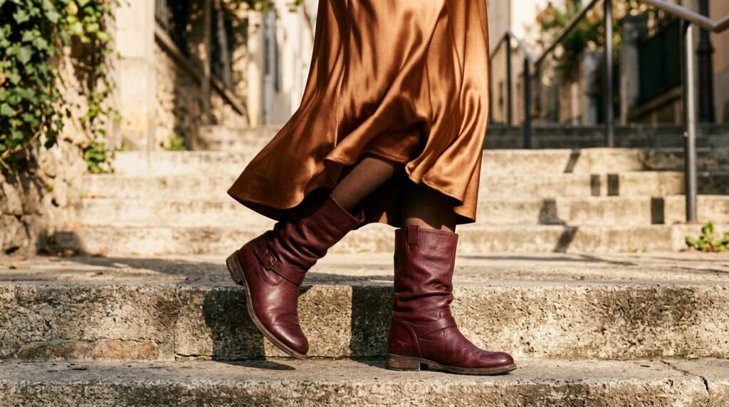 Bronze satin slip skirt worn with slouchy burgundy leather boots.