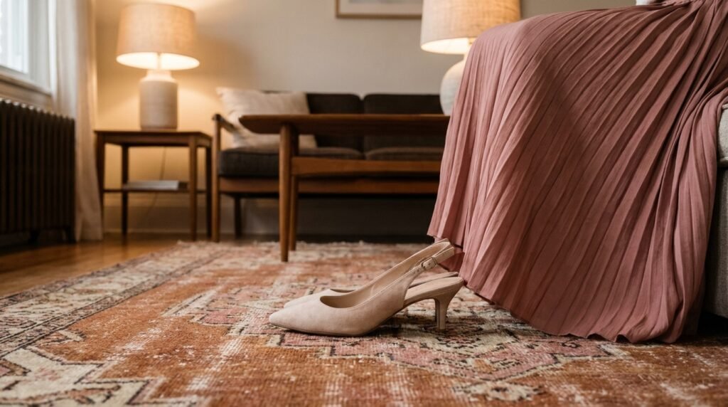 Beige slingback kitten heels placed on a vintage rug indoors.