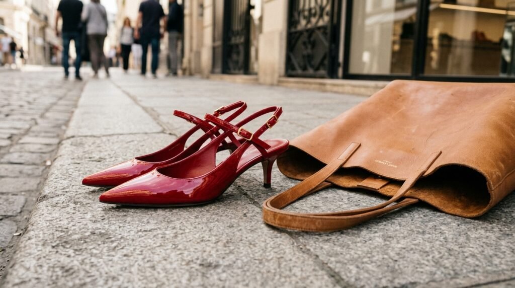 Cherry red patent pointed slingback kitten heels on concrete pavement.