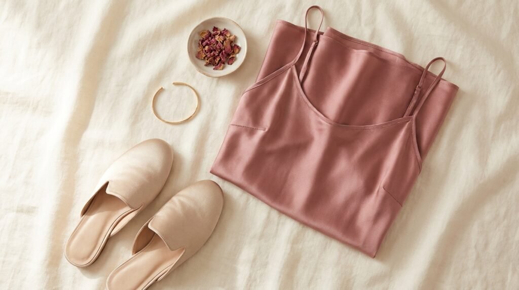 Flat lay photograph of a champagne satin slip dress, matching satin mules, and a gold bracelet arranged on a neutral surface.