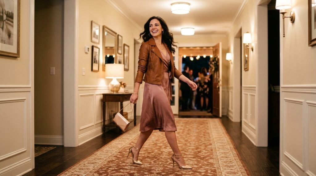 A woman walking down a hallway in evening wear and metallic heels.