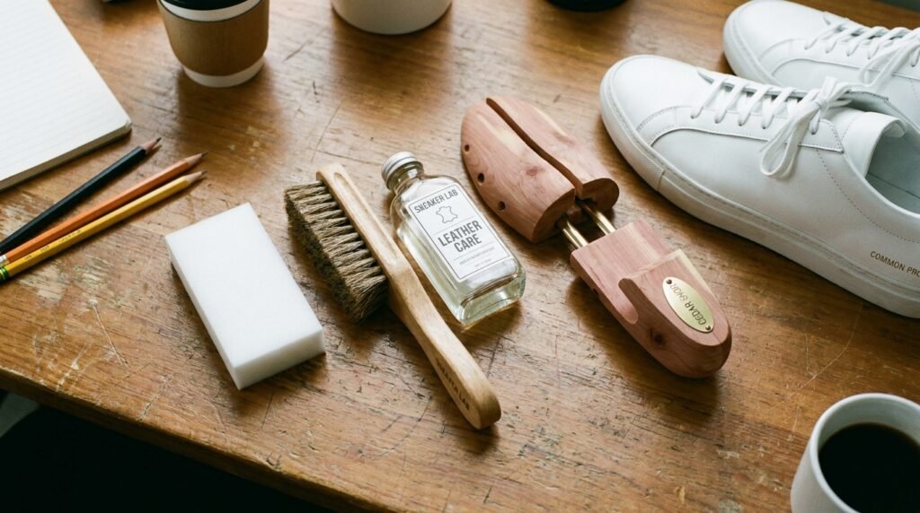 White leather sneaker cleaning kit with sponge, brush, and cedar shoe trees on a desk.