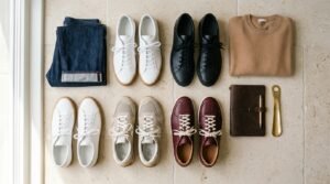 Sneaker essentials flat lay featuring white leather sneakers, black low tops, and suede runners.