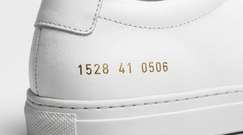 Common Projects Original Achilles white leather sneaker highlighting gold foil serial numbers.