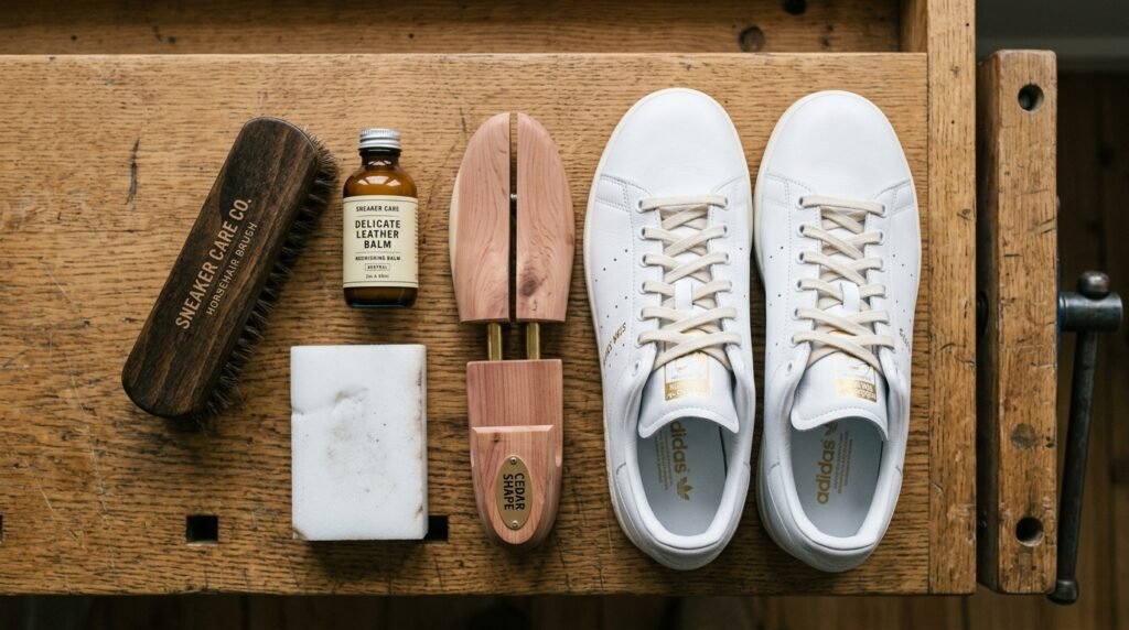 Shoe cleaning kit with horsehair brush, sponge, leather lotion, and cedar shoe trees.