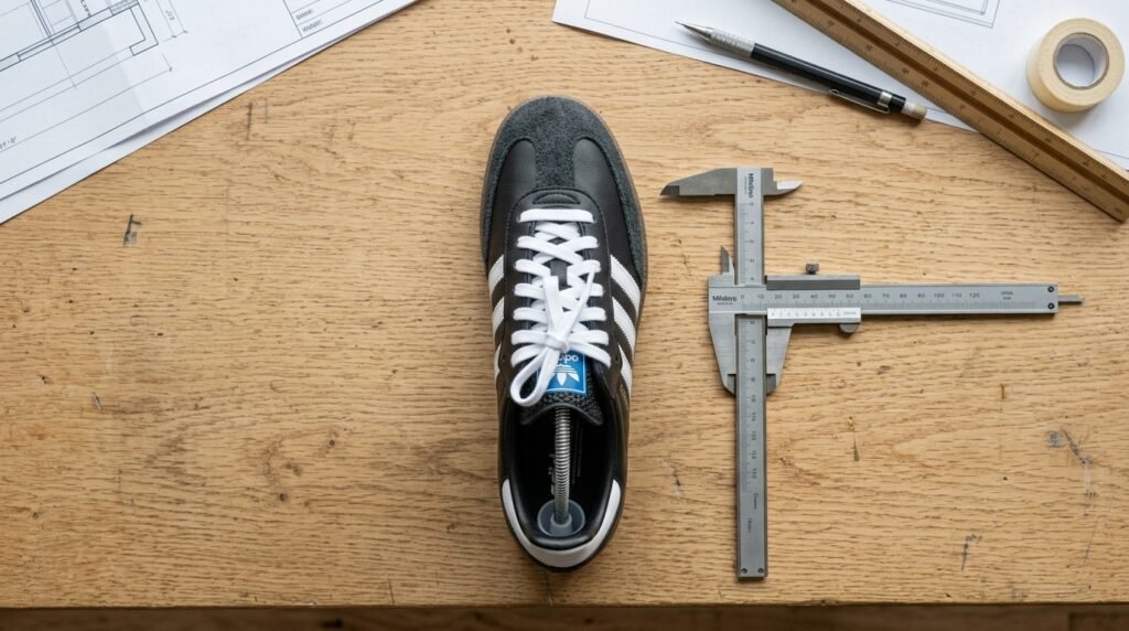 Overhead studio shot of an Adidas Samba sneaker illustrating narrow shoe last proportions.