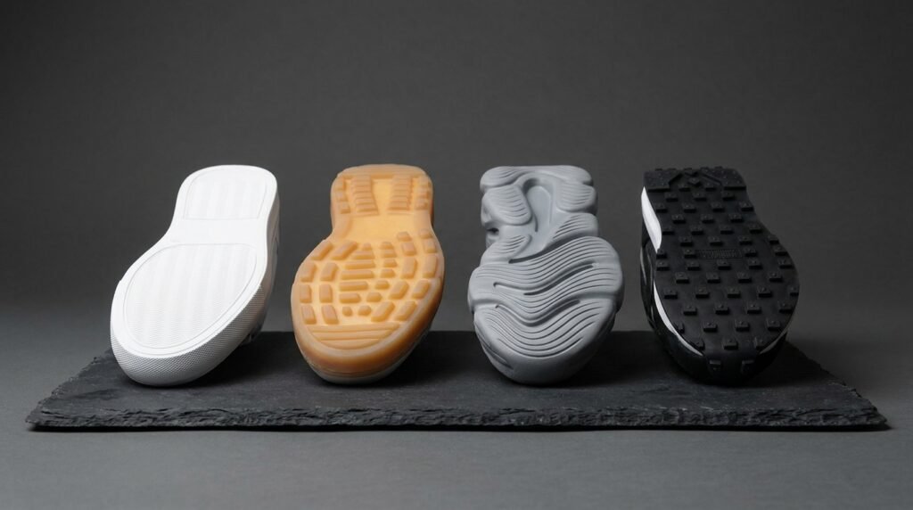 Comparison of four different sneaker sole constructions and tread patterns.