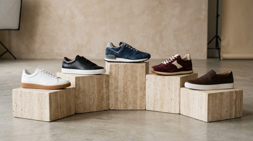 Lineup of five versatile capsule sneaker styles displayed on stepped travertine blocks.
