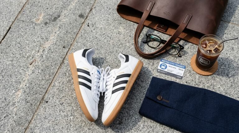 Adidas samba sizing review flat lay with white leather sneakers, navy blazer, and commuter tote.