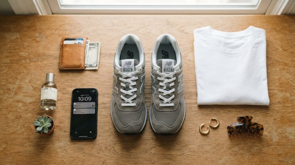A flat-lay image of New Balance 574 sneakers, gold earrings, a hair clip, and a t-shirt on a wooden table.