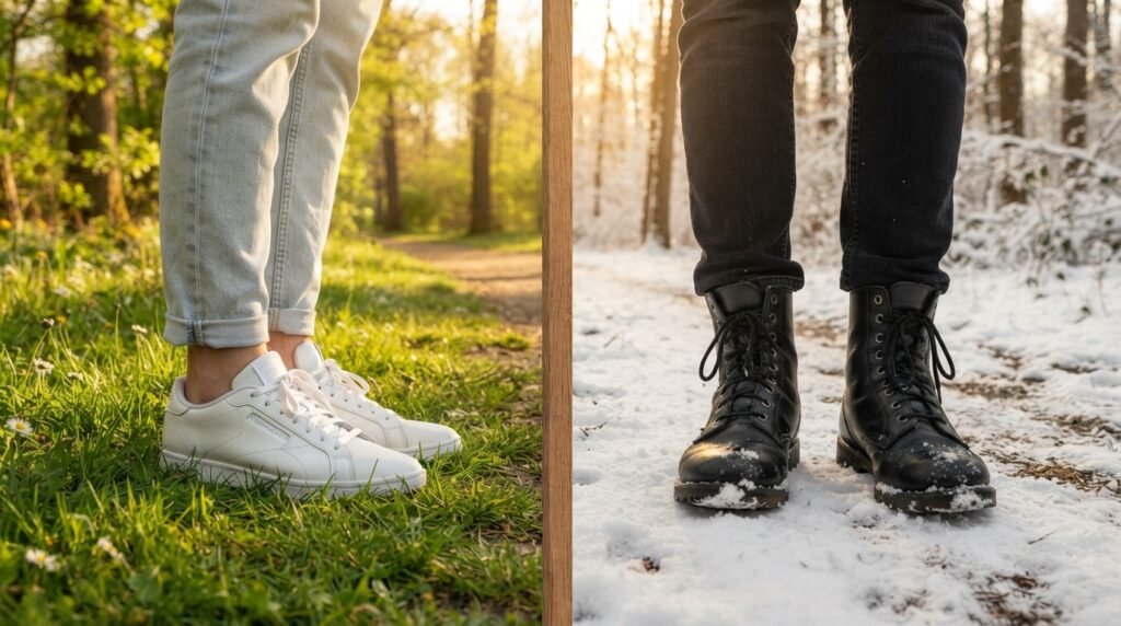 A split image showing white sneakers on green grass and black boots on snow.