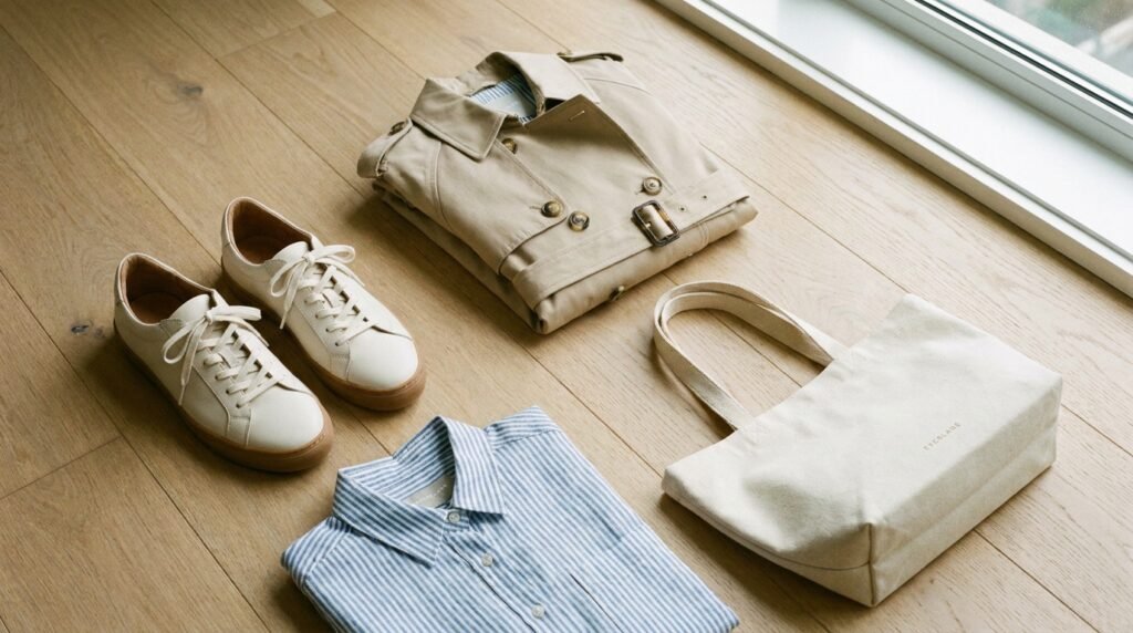 Off-white Everlane leather court sneakers flat lay with beige trench coat and tote bag.
