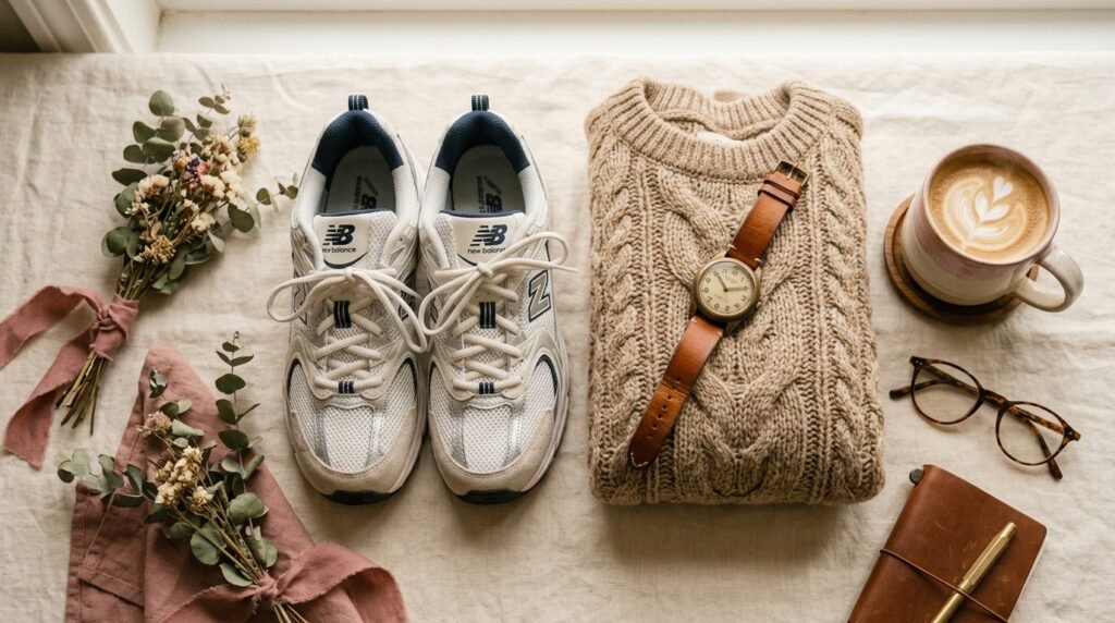 A flat lay showing New Balance sneakers, a knit sweater, a watch, and coffee on an ivory surface.