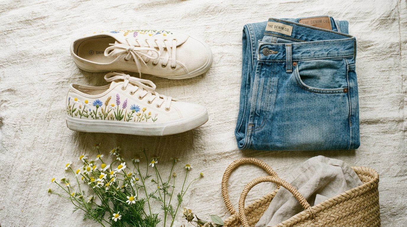 Embroidered floral white canvas sneakers flat-lay with straight-leg jeans and a straw tote.
