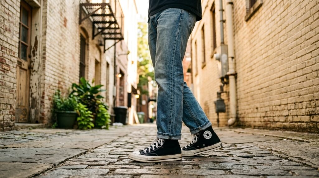 Canvas high-top sneakers worn with denim jeans in a sunlit urban setting.