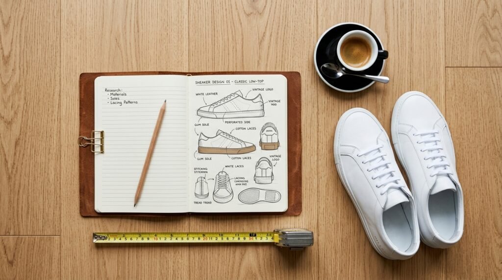 Workspace desk setting with fashion notebook, tape measure, and white leather sneakers.