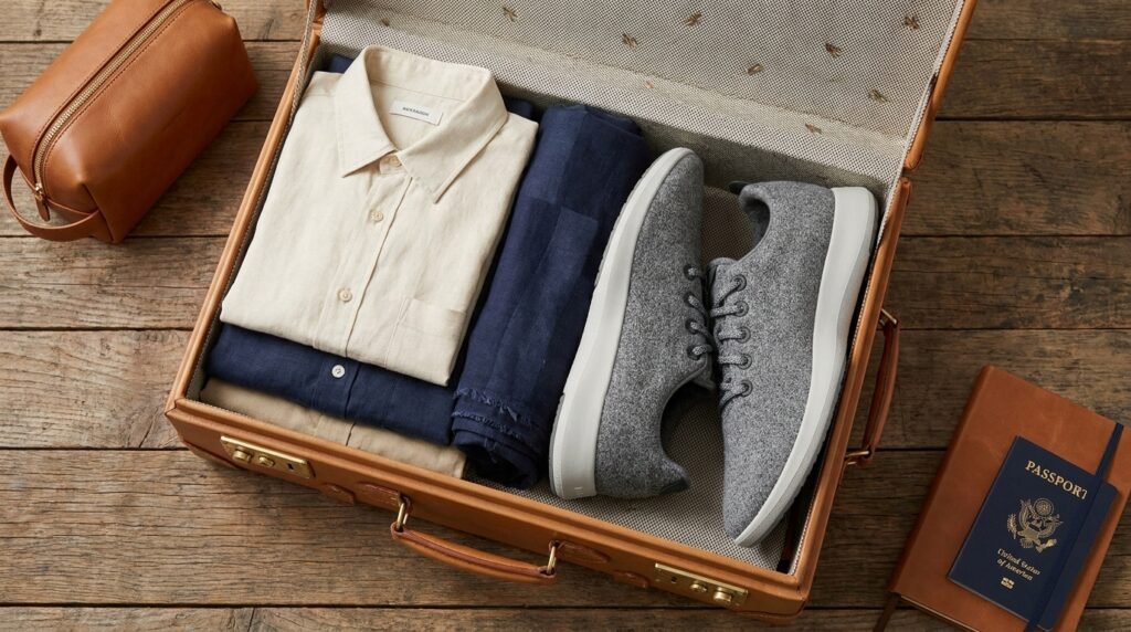Grey wool walking sneakers packed neatly inside an open travel suitcase.
