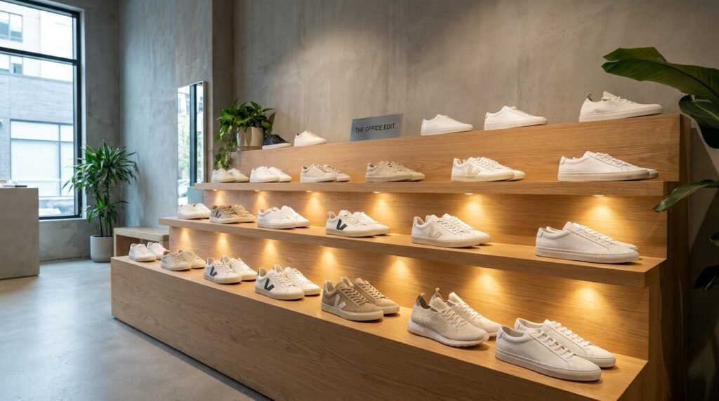 Display lineup of top sneaker brands for business casual work outfits on wooden shelves.
