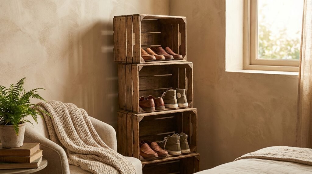 Stacked wooden crates used as a rustic shelving unit for shoes.