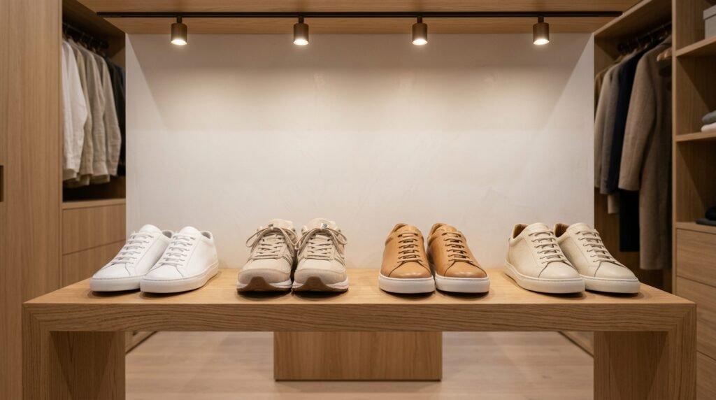 Minimalist closet display featuring four clean, versatile pairs of casual sneakers on a shelf.