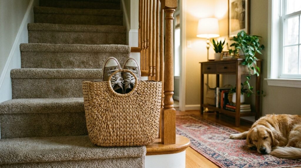 A woven basket shaped to fit on stairs containing a pair of shoes.