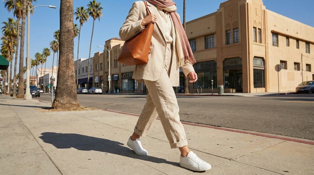 White leather low-profile sneakers worn with a tailored trouser suit.
