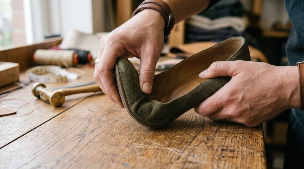Hands bending the toe box of a suede pump to test sole flexibility.
