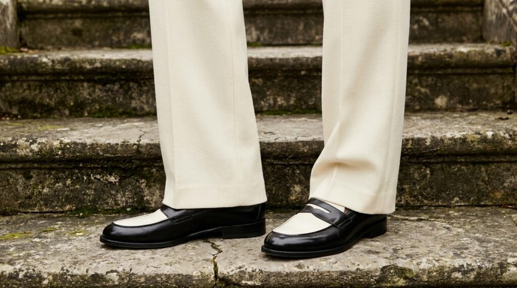 Black and ivory two-tone spectator loafers styled with cream wide-leg trousers.