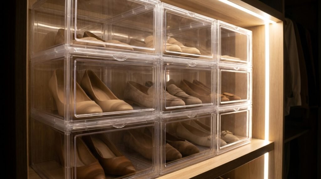 Stacked clear acrylic shoe storage boxes containing heels and loafers in a closet.