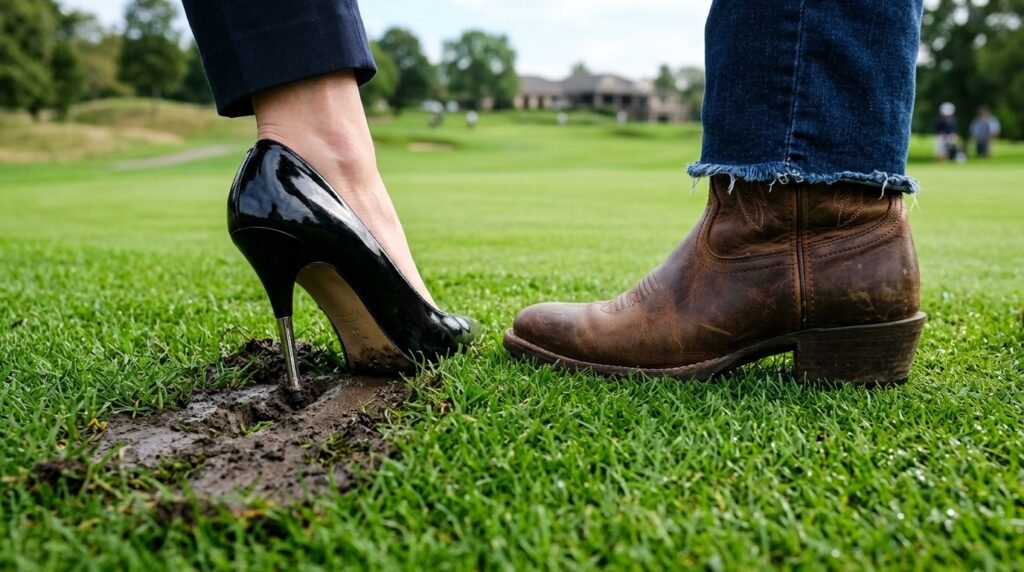 Side-by-side comparison of a sinking stiletto heel versus a stable cowboy boot on grass.