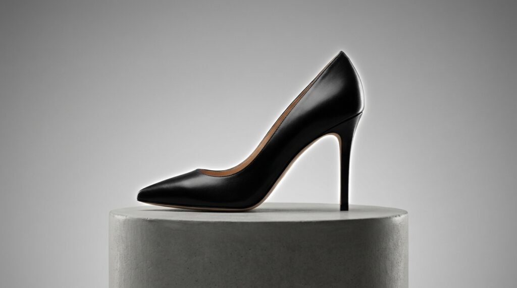 Classic black pointed-toe stiletto pump 85mm on a minimalist pedestal.