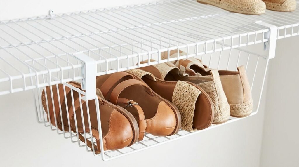 A wire storage basket clipped underneath a wire closet shelf holding shoes.