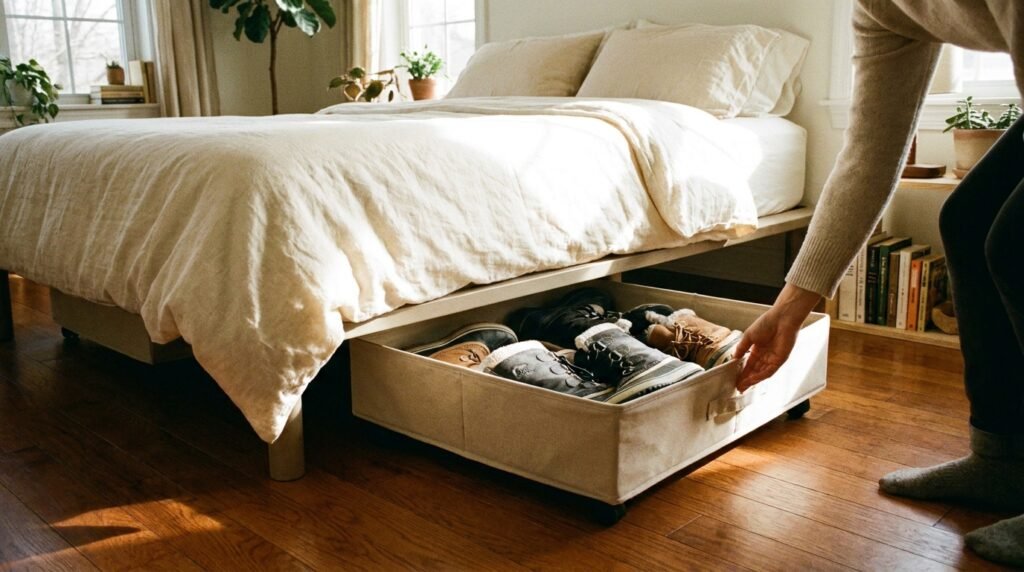 A low-profile rolling storage bin filled with boots sliding out from under a bed.