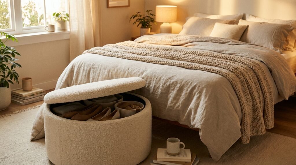 An open fabric storage ottoman revealing organized shoes inside a cozy bedroom.