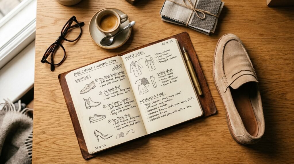 Styling journal, reading glasses, and suede shoe on a desk illustrating footwear advice.