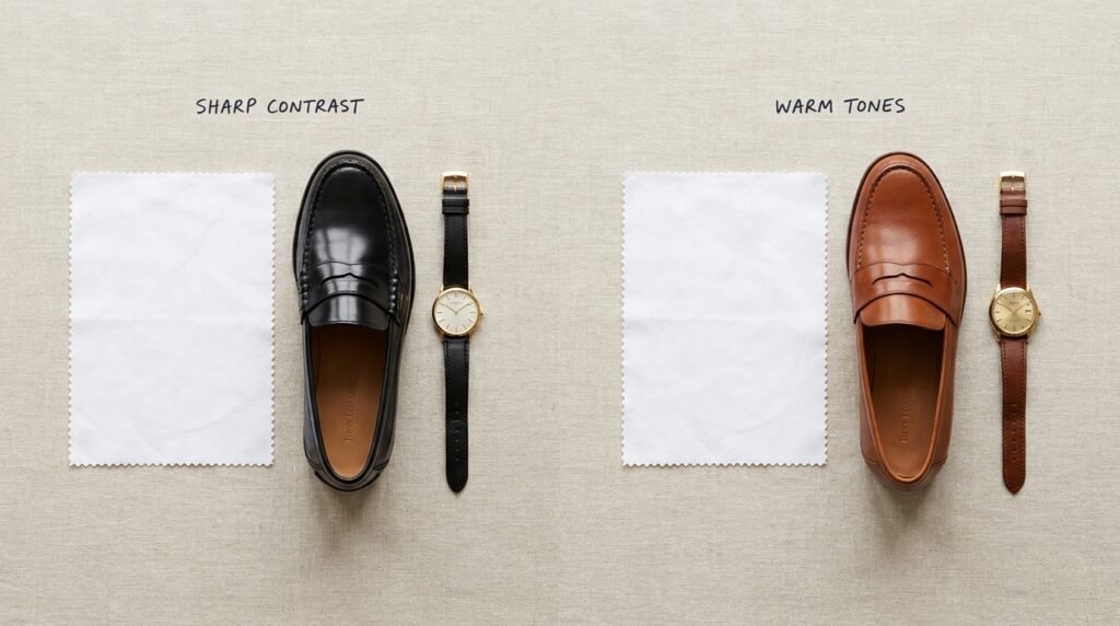 Comparison flat lay showing black loafers versus brown loafers paired with white fabric.