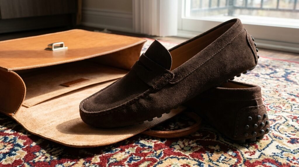 Dark espresso suede driving loafers with pebbled rubber soles in an office.