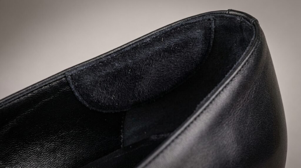 Padded suede heel grip installed along the back interior counter of a shoe.