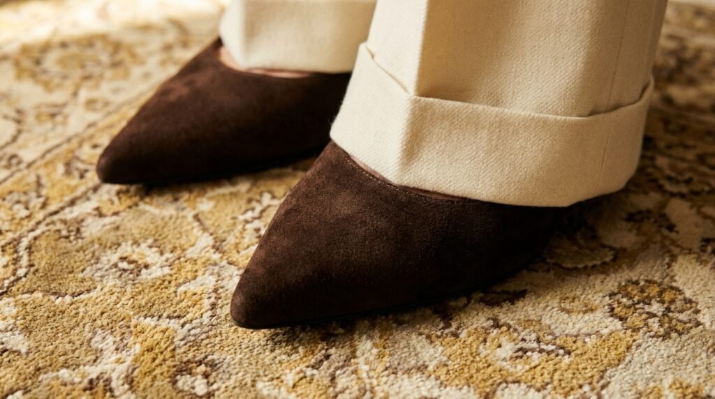 Dark brown suede pointed-toe pumps paired with cream wool tailored trousers.