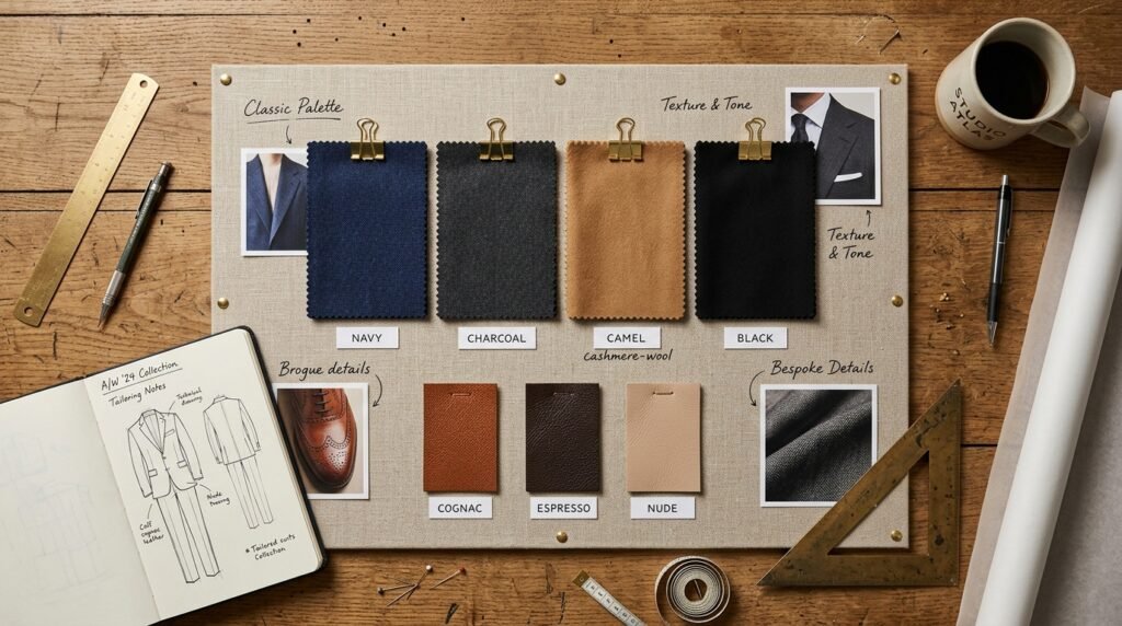 Fabric and leather swatches illustrating shoe and clothing color combinations.