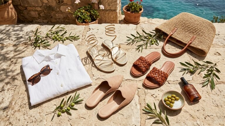 Flat sandals 2026 capsule flat lay with gold gladiators, braided slides, and nude mules.