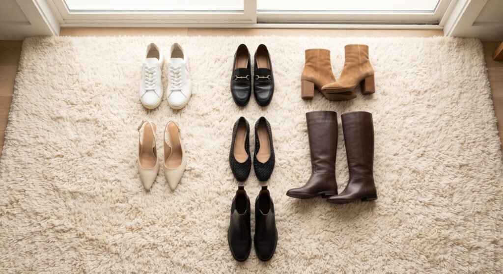 A flat-lay arrangement of seven essential women's shoes in neutral colors displayed on an ivory rug.