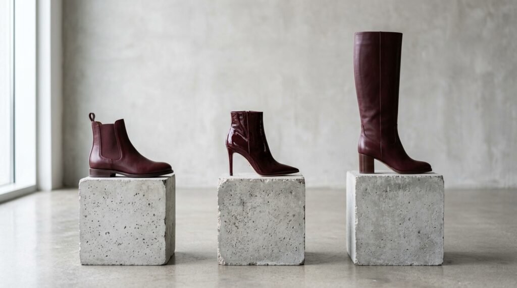 Lineup of three burgundy boots showing ankle Chelsea, pointed bootie, and knee-high styles.