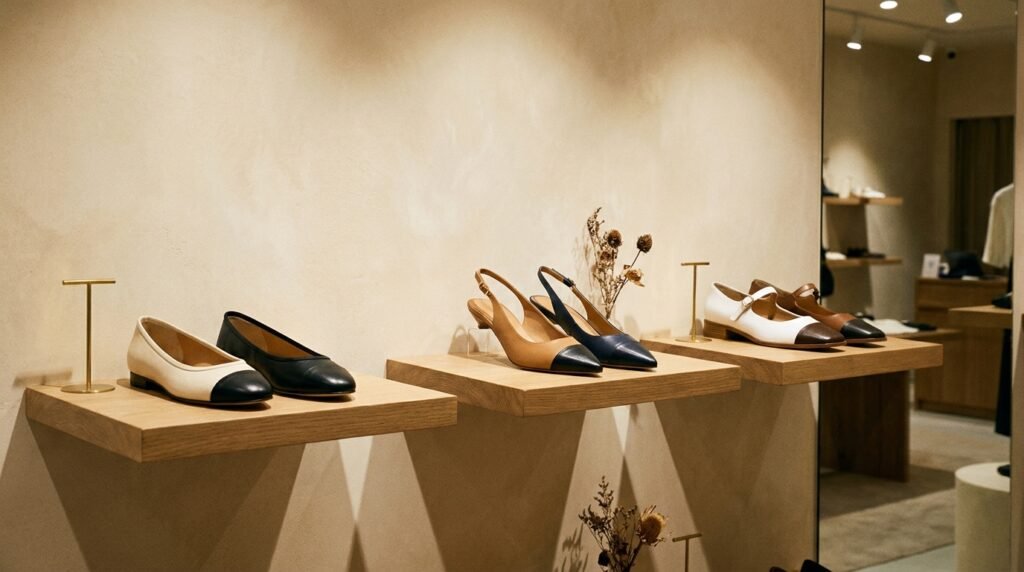 Minimalist boutique display showcasing diverse two-tone cap-toe flat silhouettes.